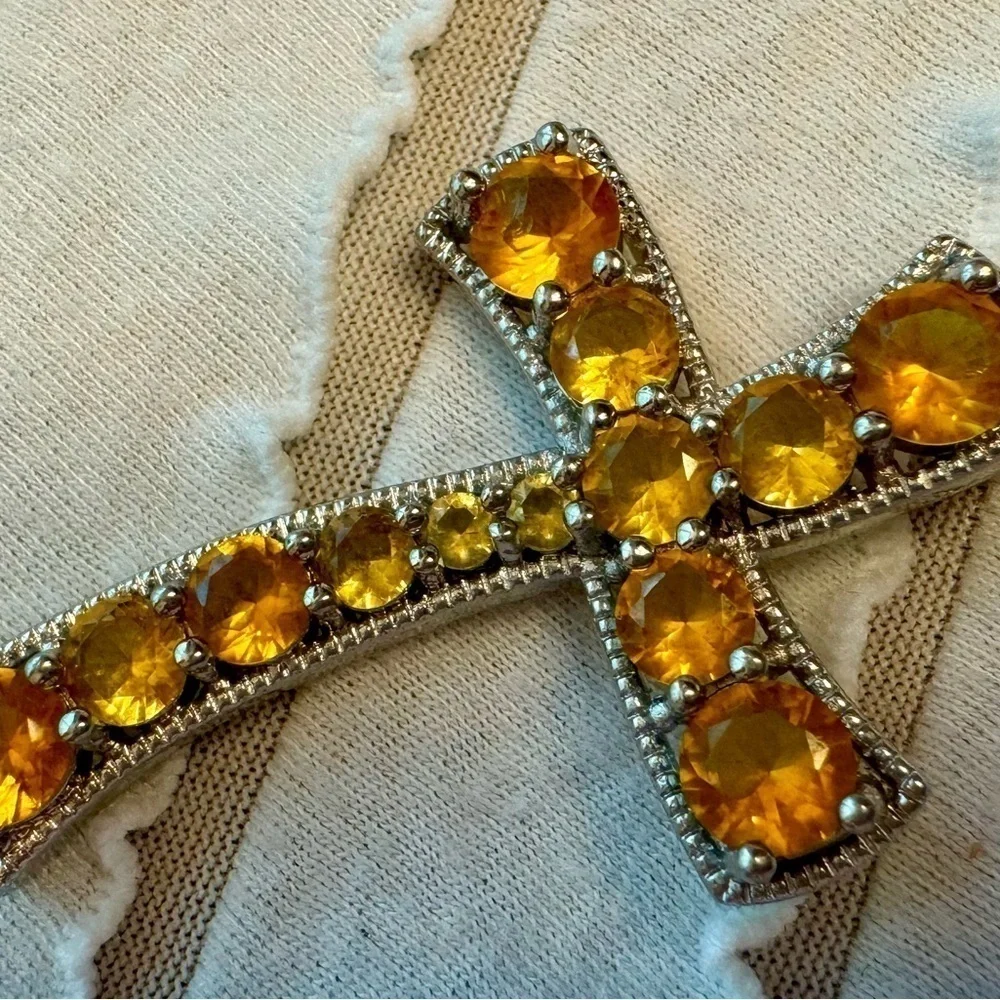 Sterling Silver Cross Necklace Pendant Charm Citrine Stones November Birtbstone